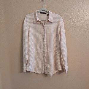 Perry Ellis Womens 100% Linen Dusty Rose Striped Long Sleeve Button Down Blouse